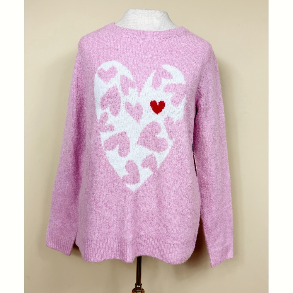Cupcakes & Cashmere NWT Heart Print Knit Crewneck Sweater in Pink/White Size Med